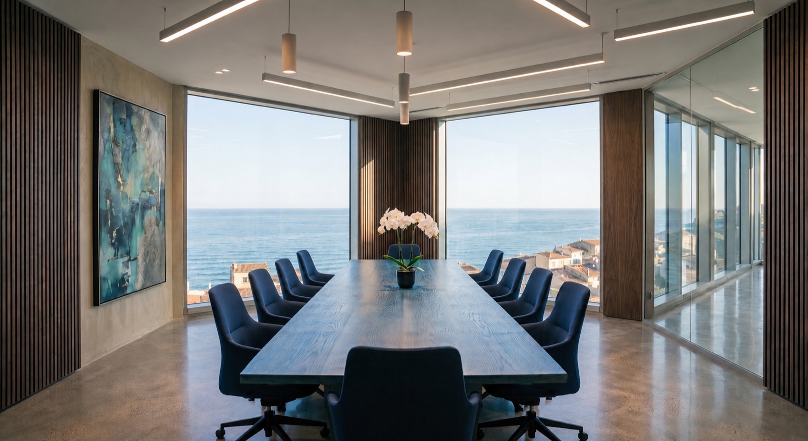 Sea-view boardroom with long timber table